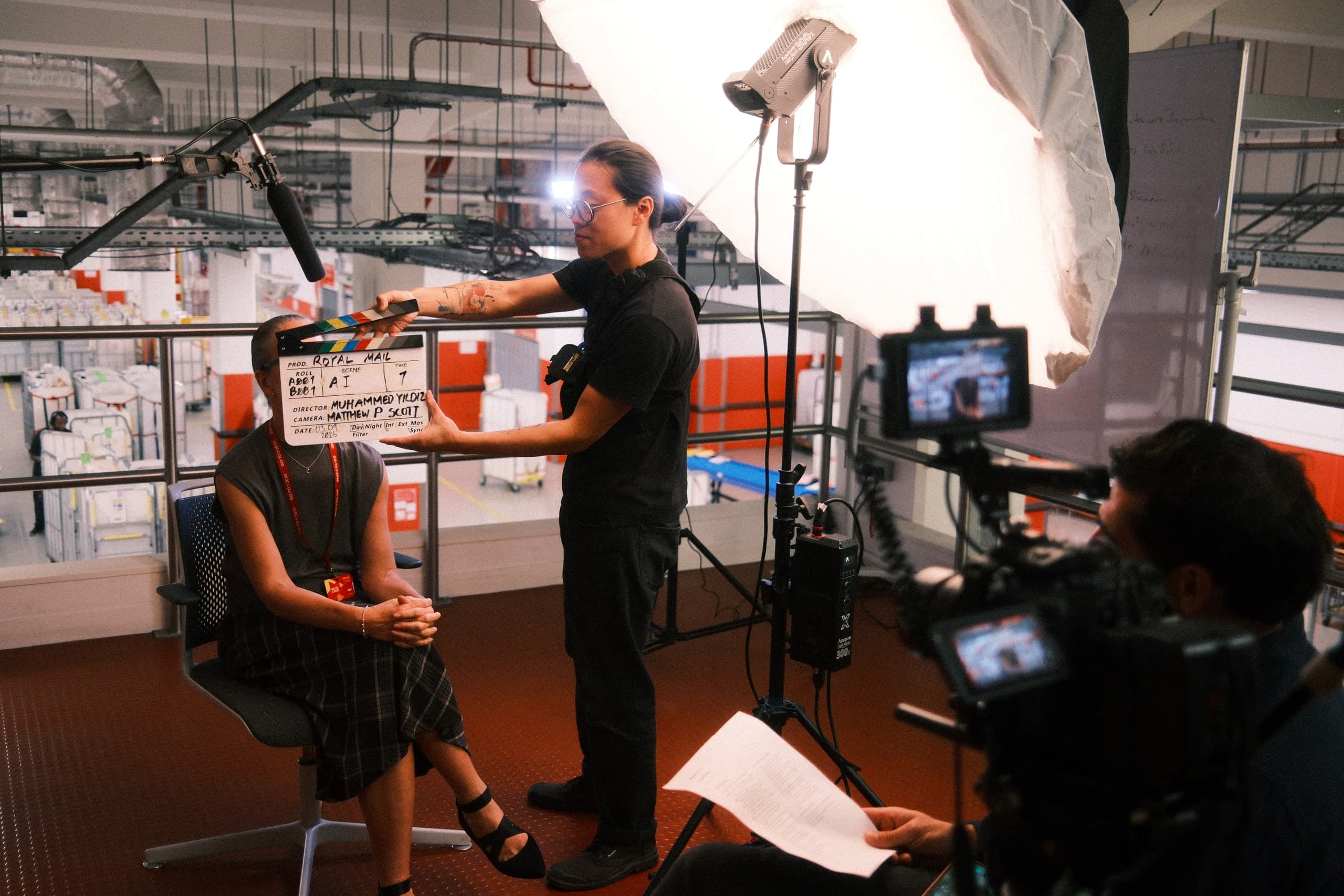 The clapperboard before an interview take