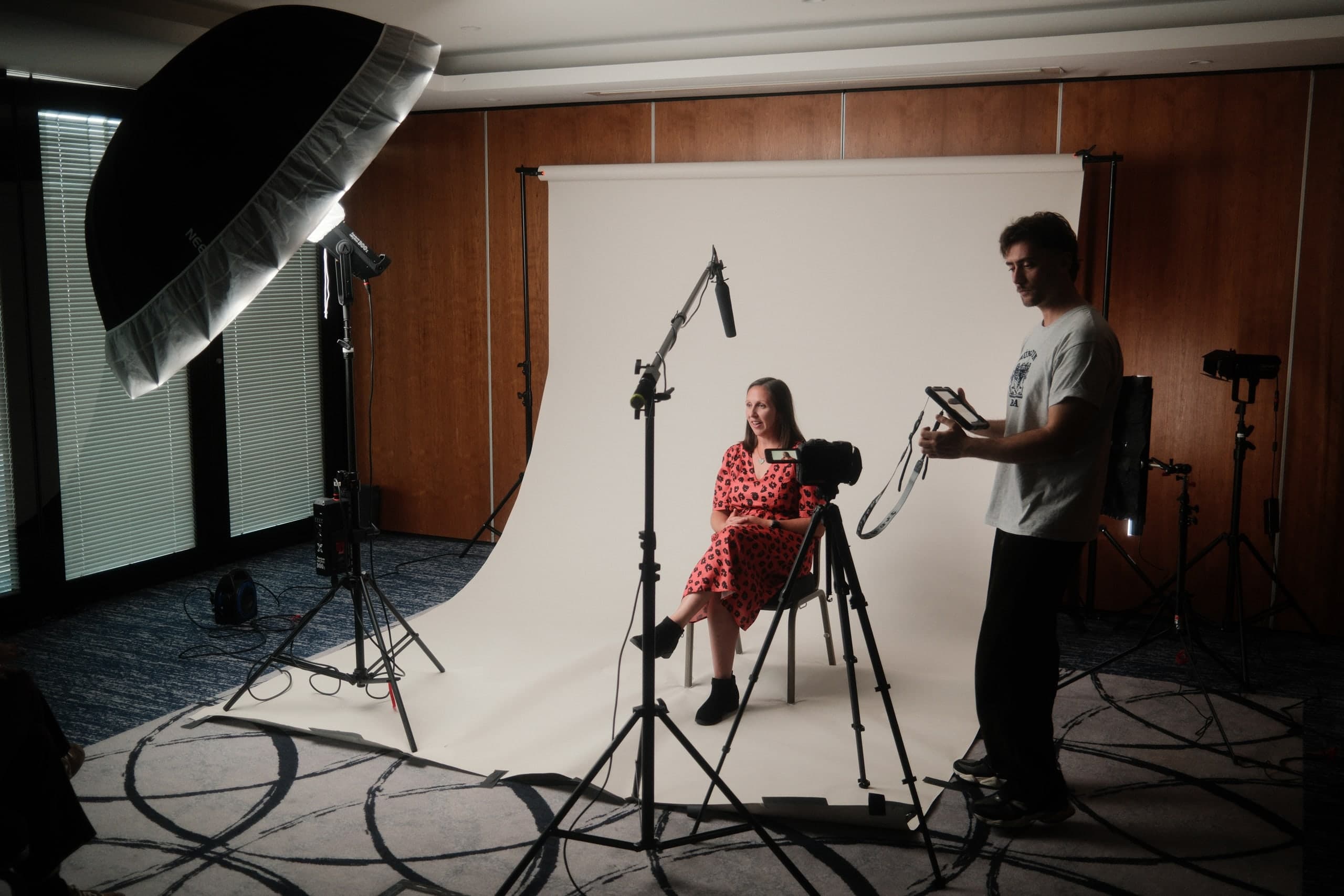 Setting up an interview against a white backdrop